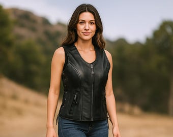 Genuine Sheep Leather Vest for Women | Waistcoat with Zipper Front & Lace Sides