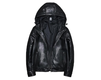 Unisex Black Sheepskin Leather Jacket with Hood | Handmade Real Sheep Leather Bomber Jacket | Warm Lightweight Winter Jacket for Men/Women