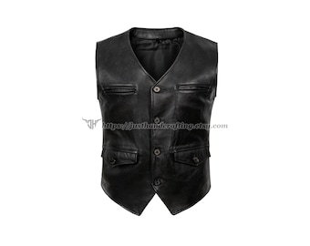 Men’s Handmade Black Cow Leather Vest – Classic Biker & Western Waistcoat | JustHandcrafting