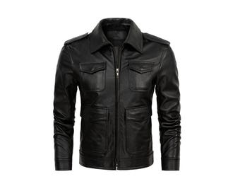 Men's Black Sheepskin Leather Jacket – Handmade Shirt Collar Coat