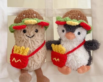 Adorable disfraz de hamburguesa de peluche tejido a crochet - Gorro de juguete Jellycat para todas las edades - Conjunto de peluche hecho a mano