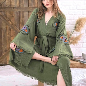 Handmade Turkish Cotton Muslin Robe: Printed Evil Eye Kimono