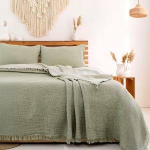 Muslin Bedspread, Oversized Organic Turkish Cotton Gauze Blanket, Lightweight Summer Coverlet Sage Green