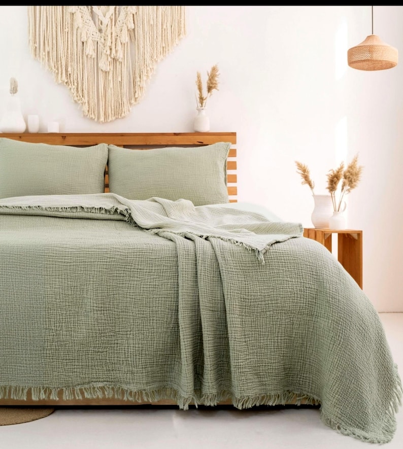 Muslin Bedspread, Oversized Organic Turkish Cotton Gauze Blanket, Lightweight Summer Coverlet Sage Green