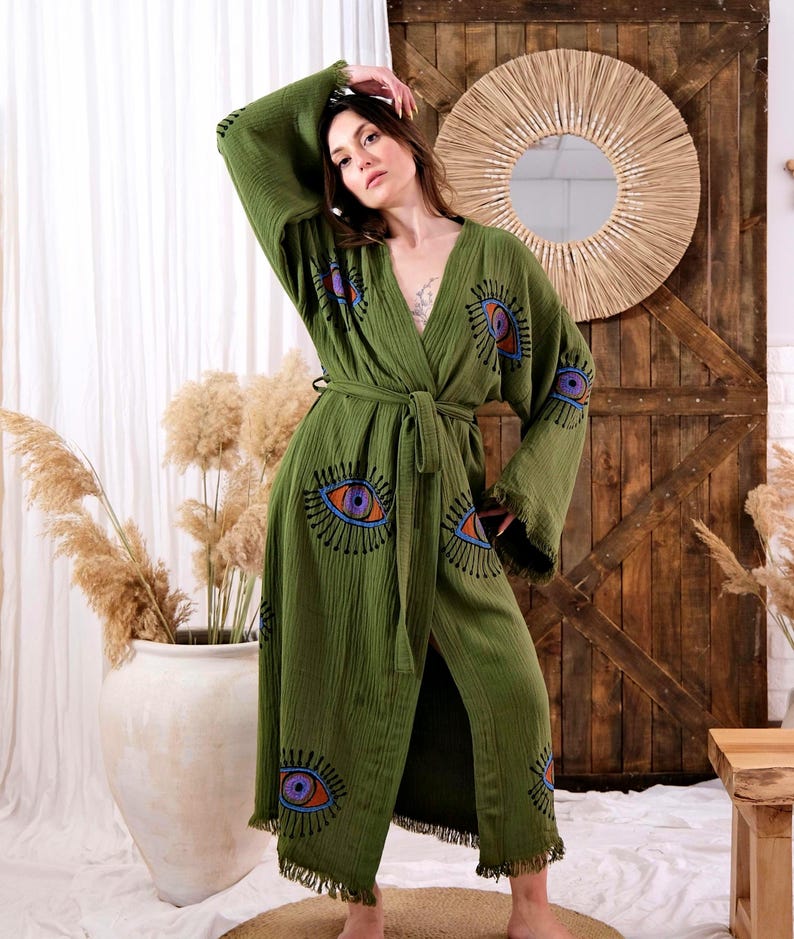 Kimono i ekologisk bomull, handdekorerat motiv med onda ögat, turkisk muslinstrandöverdrag bild 2