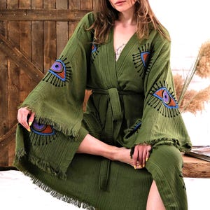Handmade Turkish Cotton Muslin Robe: Printed Evil Eye Kimono