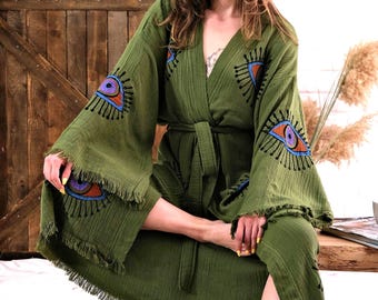 Handgemachte türkische Baumwolle Musselin Robe: Bedruckter Evil Eye Kimono