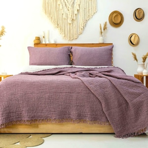 Luxury Muslin Bedspread: Soft Gauze Blanket Damson