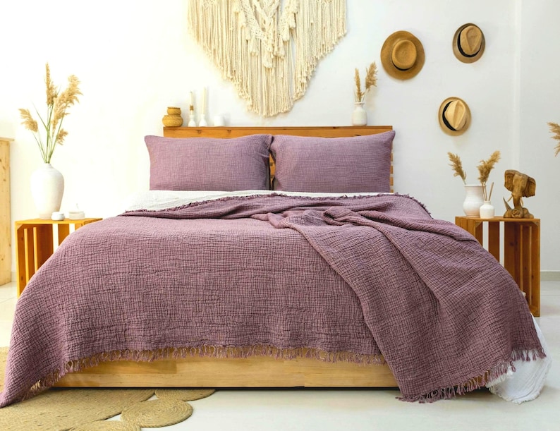 Luxury Muslin Bedspread: Soft Gauze Blanket Damson
