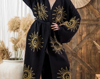 Organic Turkish Cotton Evil Eye Robe, Muslin Cotton Kimono Robe, Soft Cotton Dressing Gown, Boho Kimono