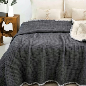 Dekbed van biologisch katoenen mousseline, 8-laags ademende zomerquilt, extra grote kingsize sprei Anthracite