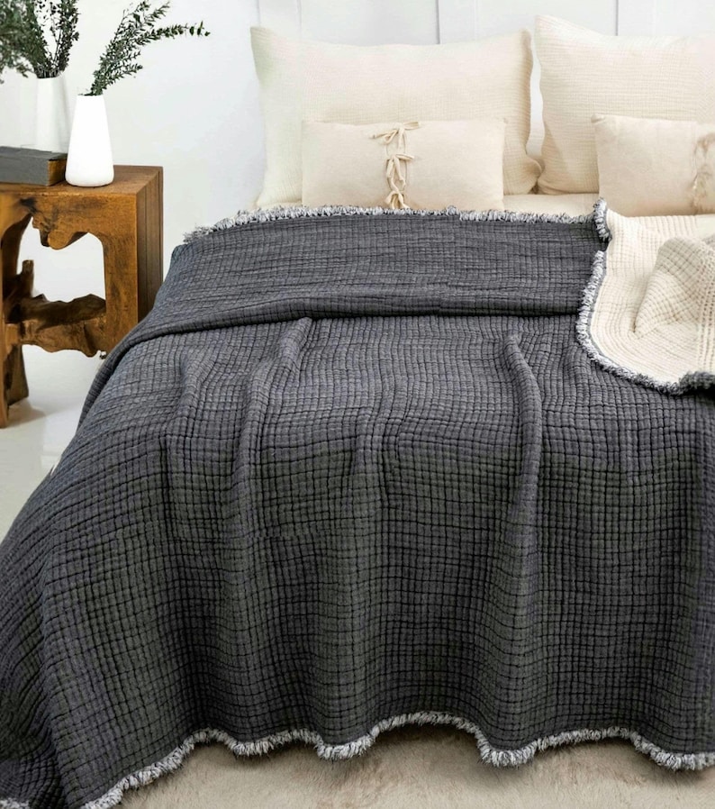 Dekbed van biologisch katoenen mousseline, 8-laags ademende zomerquilt, extra grote kingsize sprei Anthracite