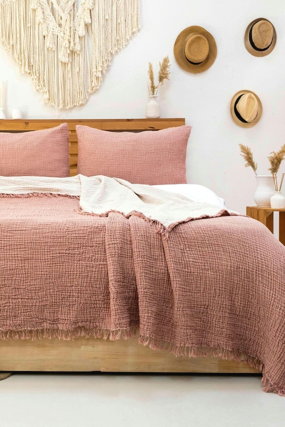 Muslin Bedspread, Oversized Organic Turkish Cotton Gauze Blanket, Lightweight Summer Coverlet