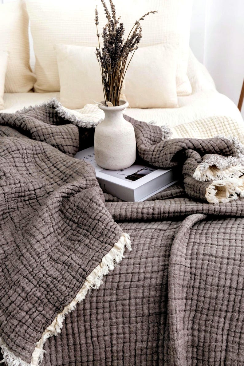 Dekbed van biologisch katoenen mousseline, 8-laags ademende zomerquilt, extra grote kingsize sprei Ash Grey