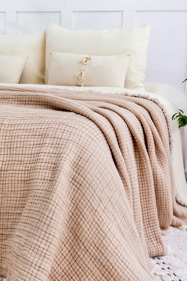 Dekbed van biologisch katoenen mousseline, 8-laags ademende zomerquilt, extra grote kingsize sprei afbeelding 9