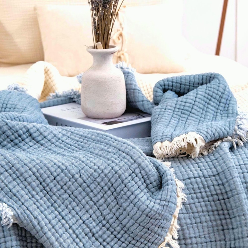 Dekbed van biologisch katoenen mousseline, 8-laags ademende zomerquilt, extra grote kingsize sprei Mineral Blue