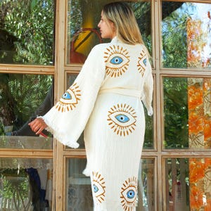 Bio-Baumwoll-Musselin Kimono Robe: Extra weicher handgefertigter Evil Eye Kaftan