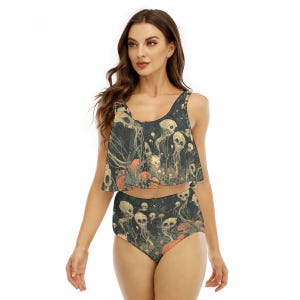 Traje de baño bikini con chaleco con volantes para mujer, estampado de calavera, flor, hibisco, grunge, punk, para festivales nocturnos en la playa.