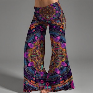 Purple Retro Boho Mandala Color Blast Festival Fold High Waist Wide Leg foldover Pants-
