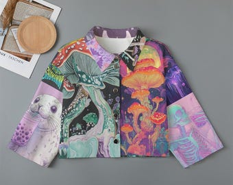 Mushroom Trip Drip Boho Grunge Pastel Boba Tea All-Over Print Women's Cropped Jacket