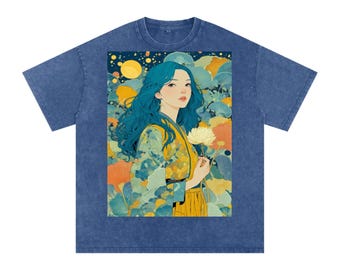 Teal Full Moon Lotus Goddess Psychedelic Art Nouveau Snow Washed Oversized Cotton Tee-