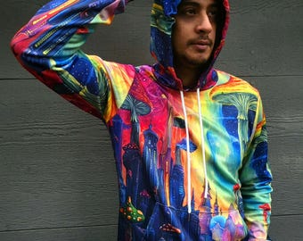 Mushroom Swirl Sunset Sky City Swirl Psychedelic Sky Line Festival Borealis Aurora Pullover Festival Hoodie-