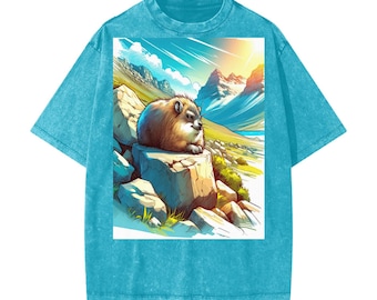 Anime Hyrax Blue skies basking on Rocks in field Festival Rave Unisex T-Shirt Heavyweight Snow Washed T-Shirt