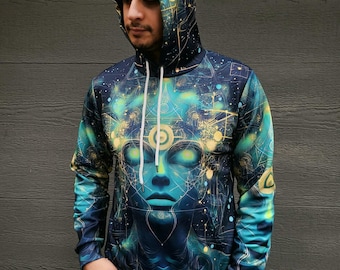 Atlantean Fractals Cosmic Geometry Teal Gold Psychedelic Festival PsyAll-Over Print Men's Zip Hoodie