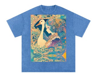 Goose Psychedelic Art Nouveau Moon Beach Wave Bordered Silhouette Anime Pagan Water Goddess Unisex T-Shirt--Snow Washed Oversized Cotton T-S