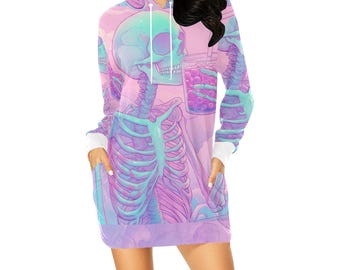 Pastel Clouds/Bubble Tea/ Skeleton Hoodie Dress: Psychedelic Rave EDM Festival Hoodie-