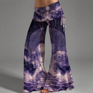 Purple White Fractal Cloud Sky Dancer Festival Galactic Space Flare Wide leg High rise Pants