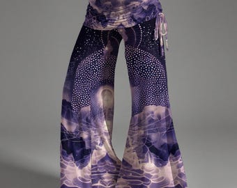 May include: Wide-leg pants featuring a deep purple and white abstract graphic print. The design includes a high, fold-over waistband with a drawstring tie on the right side. The fabric displays a repeating pattern of dots and flowing lines.