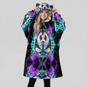 Opossum Fractal Psychedelic Rorschach Festival Rave Cat ear Fleece Blanket Hoodie