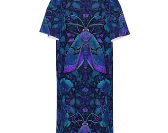 Blue Night Moth Floral Psychedelic Garden Mystic Sky Festival Rave Tee Shirt Dress