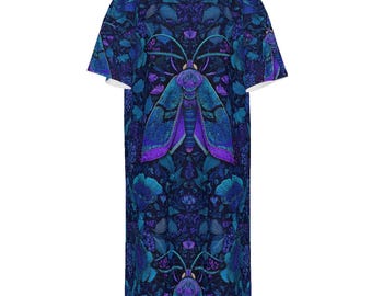 Blue Night Moth Floral Psychedelic Garden Mystic Sky Tee Shirt Dress
