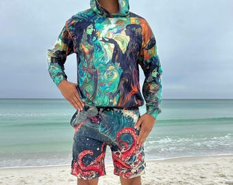 Anime-Inspired Kraken & Seal Swim Shorts | Colorful Edo Japan Yokai Ocean Wave Beachwear Summer Swim Trunks