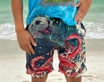 Anime-Inspired Kraken & Seal Swim Shorts | Colorful Edo Japan Yokai Ocean Wave Beachwear Summer Swim Trunks