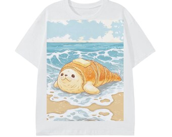 Camiseta clásica unisex con estampado de foca, foca, croissant y grumo de mantequilla en la playa, estilo anime.