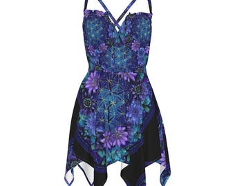 Teal Lavender Lotus Blue Mandala Flower Life Floral Festival Fairy Rave Strappy Space Night Dress