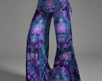 Purple Lavender Lotus Chakra Floral Psychedelic Festival Women's High Waist Wide Leg Pants-