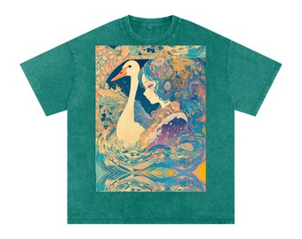 Goose Psychedelic Art Nouveau Moon Beach Wave Bordered Silhouette Anime Pagan Water Goddess Unisex T-Shirt Snow Washed Oversized Cotton Tee-