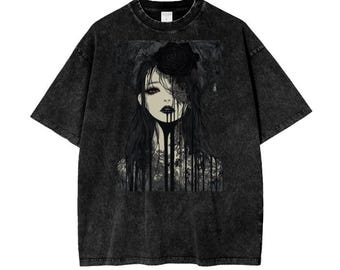Dark Gothic Anime AcidWash Tee  Rose Drip Graphic Oversized Unisex TShirt-