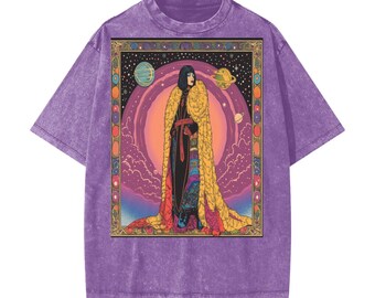 Space Galactic Saturn Tarot Card Fortune Teller Lady Art Nouveau Psychedelic Streetwear American Vintage Waxed Dyed Washed Tee-