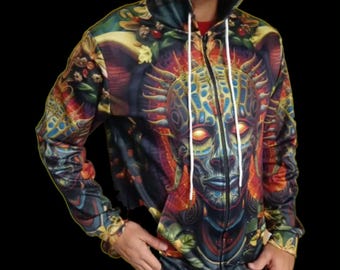 Amazonian DMT Alien Rain Forest Psychedelia Vivid Color Burst Festival All-Over Print Zip Up Hoodie With Pocket-