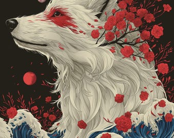May include: A white wolf with red markings on its face, surrounded by red roses and blue ocean waves. The wolf is looking to the left, and the background is black.