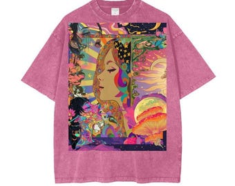 Art Nouveau Psychedelic Galactic Moon Burst Gaelic Summer Of Love Festival Rave Goddess Acid Wash Oversize -T-Shirt-Tee