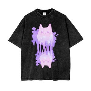 Violet rose pastel chat fantôme chatoyant scintillant slime gluant goutte à goutte Pastel goth encre nuage goutte à goutte T-shirt oversize délavé à l'acide coupe boyfriend - 250 g/m²