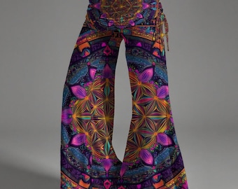 Purple Retro Boho Mandala Color Blast Festival Fold High Waist Wide Leg Pants--