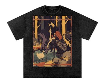 Cottagecore Fox Girl Lake Woodland Anime Plaid School Girl Steampunk Goth Anime Graphic Tee-Snow Washed Oversized Cotton T-Shirt-
