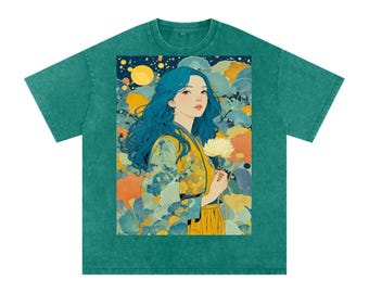 Teal Full Moon Lotus Goddess Psychedelic Art Nouveau Snow Washed Oversized Cotton T-Shirt